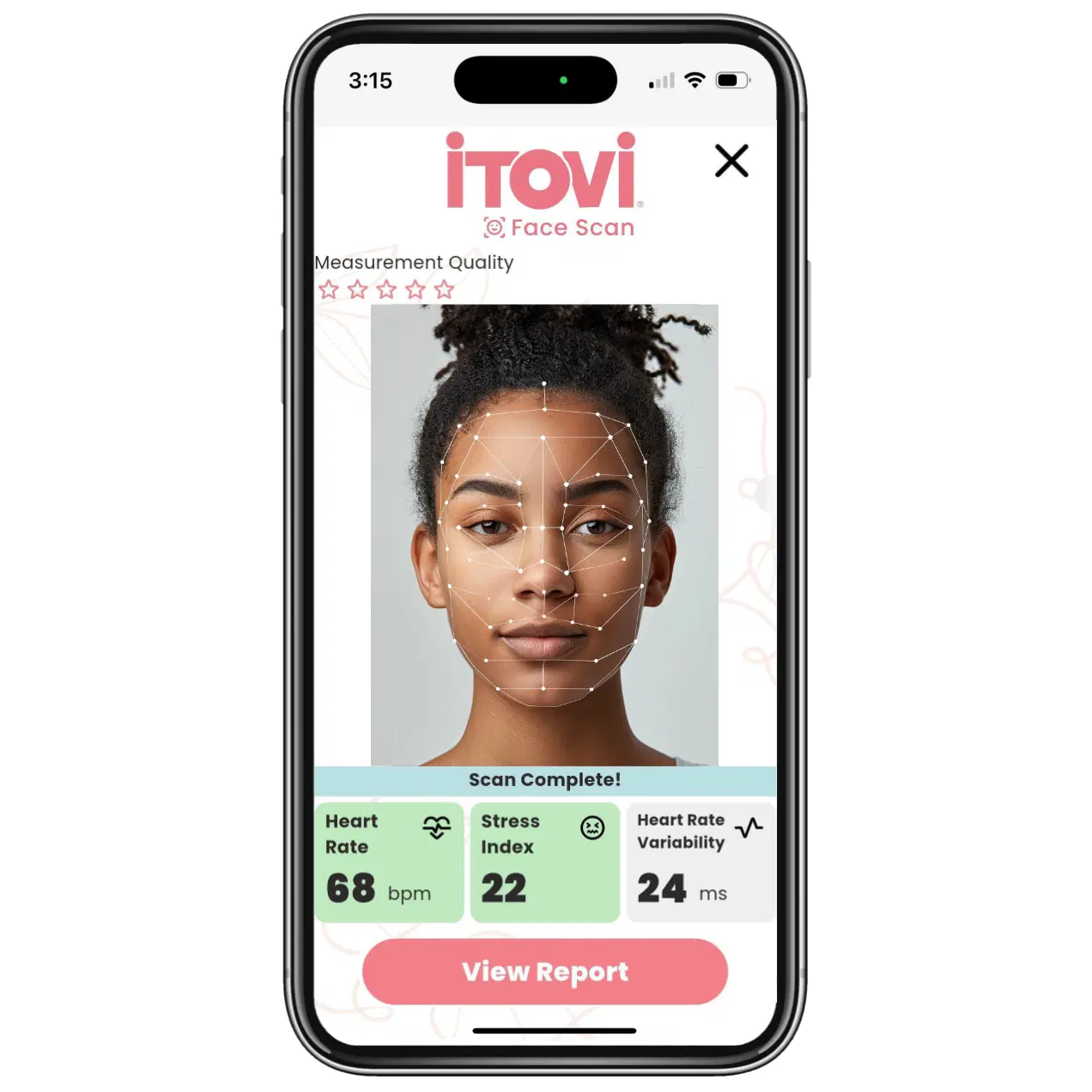 iTOVi Face Scan app showing scan results with heart rate, stress index, and heart rate variability